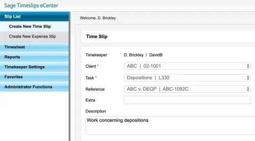 screenshot of Sage Timeslips